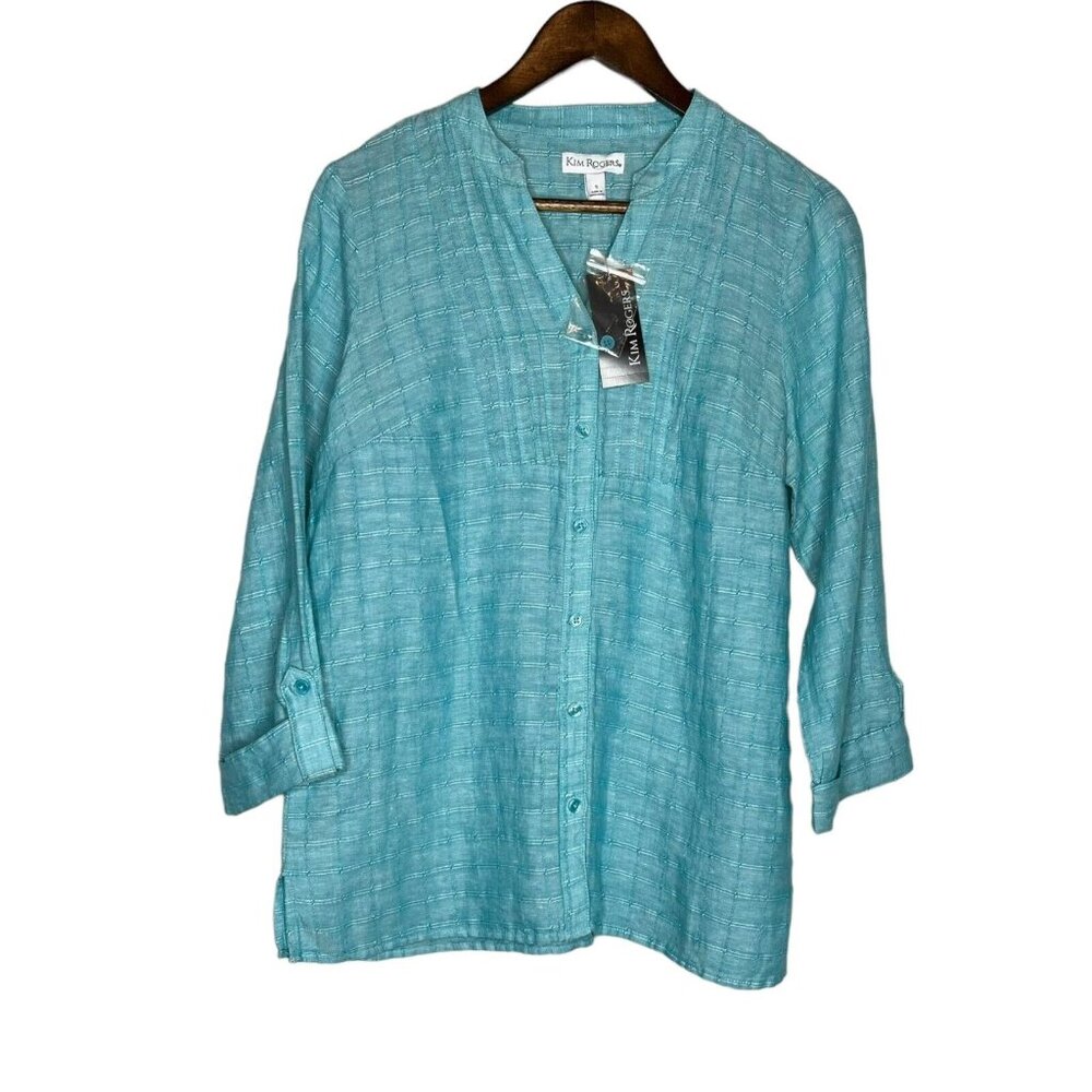 Kim Rogers NWT Blue/Green 3/4 Sleeve Linen/Cotton Button Down Top Size Small‎